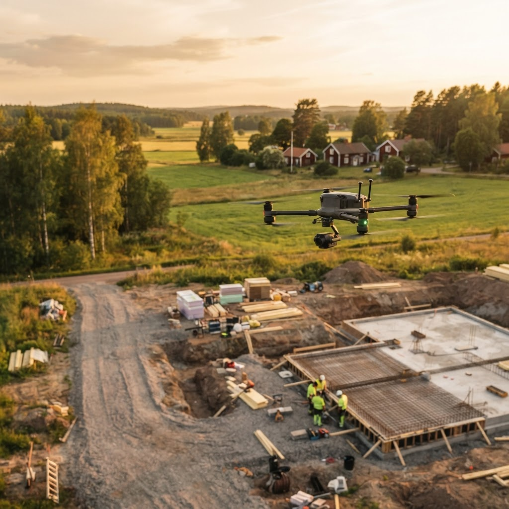 Drönare som utför flygmätning över ett byggprojekt